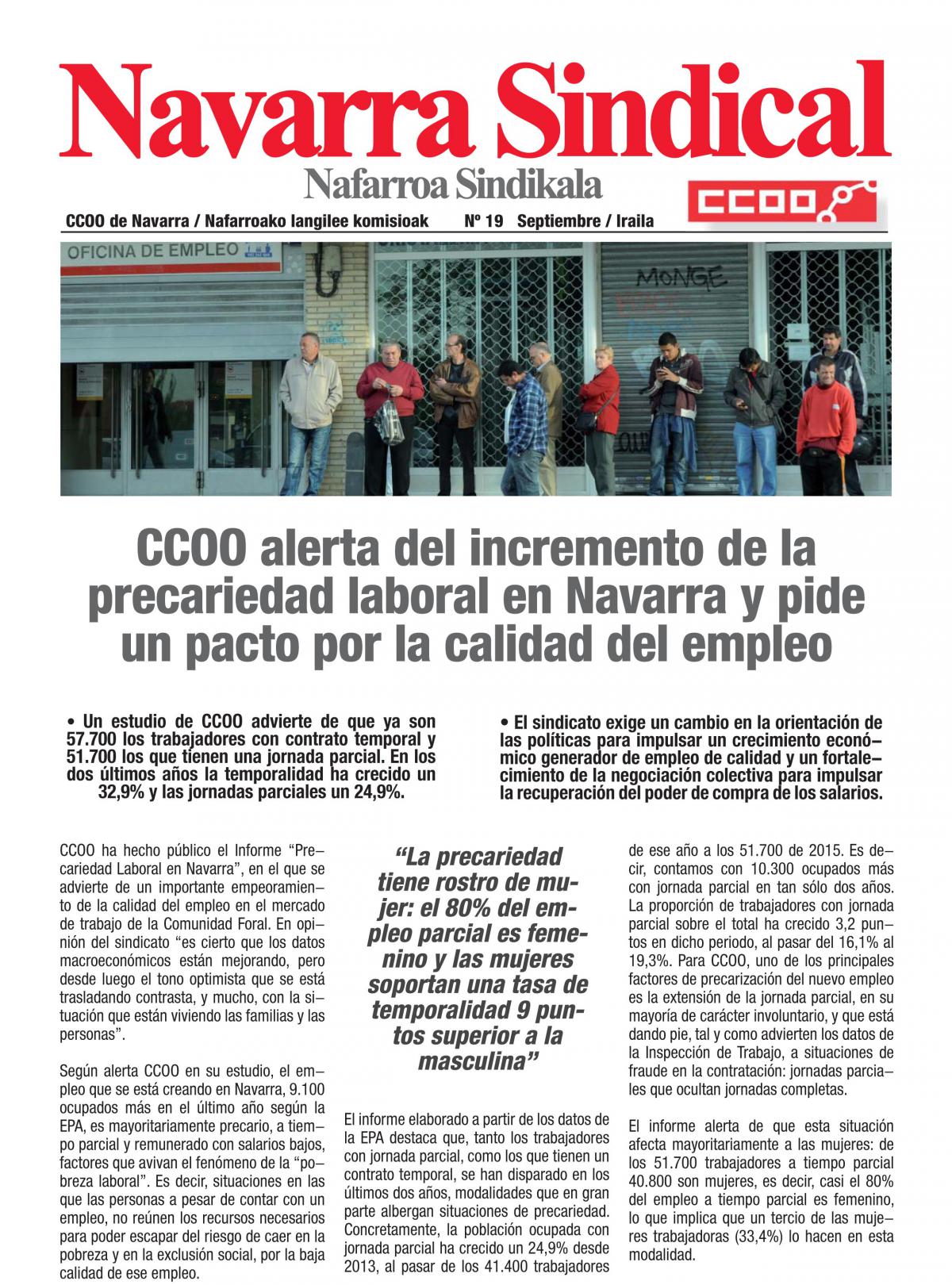 CCOO alerta del incremento de la precariedad laboral en Navarra y pide un pacto por la calidad del empleo